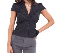 Women's Basic Button Down Shirts Cap Sleeve Lapel Collar Tight Blouse Tie Up Back Slim Fit Tops Summer Office Shirt (F-Black, S)