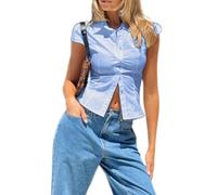 Women's Basic Button Down Shirts Cap Sleeve Lapel Collar Tight Blouse Tie Up Back Slim Fit Tops Summer Office Shirt (K-Sky Blue, L)
