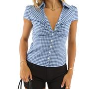 Women's Basic Button Down Shirts Cap Sleeve Lapel Collar Tight Blouse Tie Up Back Slim Fit Tops Summer Office Shirt (F-Blue, M)