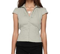 Women's Basic Button Down Shirts Cap Sleeve Lapel Collar Tight Blouse Tie Up Back Slim Fit Tops Summer Office Shirt (A-Light Green, S)