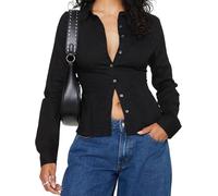 Women's Basic Button Down Shirts Long Sleeve V Neck Lapel Collar Tight Blouse Slim Fit Tops Casual Office Shirt (E-Black2, L)