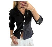 Women's Basic Button Down Shirts Long Sleeve V Neck Lapel Collar Tight Blouse Slim Fit Tops Casual Office Shirt (B-Black2, S)