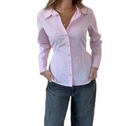 Women's Basic Button Down Shirts Long Sleeve V Neck Lapel Collar Tight Blouse Slim Fit Tops Casual Office Shirt (C-Pink3, XL)