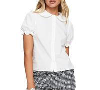 Women's Basic Button Down Shirts Peter Pan Collar Slim Fit Solid Color Short Sleeve Blouse Y2k Summer Shirt Tops (White, S)