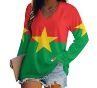 Women's Basic Long Sleeve Oversized, Burkina Faso National Flag T-Shirt V Neck Thin Comfortable and Breathable Tee Top, Simple and Casualmachine Washable Durable and Shrink-Resistants