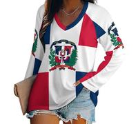 Women's Basic Long Sleeve Oversized, Dominican Republic National Flag T-Shirt V Neck Thin Comfortable and Breathable Tee Top, National Flag Elementsmachine Washable Durable and Shrink-Resistant3Xl