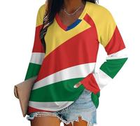 Women's Basic Long Sleeve Oversized, Seychelles National Flag T-Shirt V Neck Thin Comfortable and Breathable Tee Top, National Flag Elementsmachine Washable Durable and Shrink-Resistant5Xl