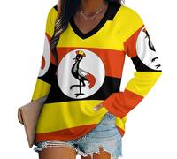 Women's Basic Long Sleeve Oversized, Uganda National Flag T-Shirt V Neck Thin Comfortable and Breathable Tee Top, Simple and Casualmachine Washable Durable and Shrink-Resistant5Xl