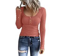 Women's Basic Long Sleeve Shirt, Elegant Knitted Jumper, U-Neck Knitted Jumper, Long Sleeve with Buttons, Plain, Casual, Slim Fit Pullover, Sweater, Top, Winter Knitted Top for Women, Bright Pink, L