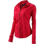 Womens Basic Long Sleeve Slim Fit Casual Button up Poplin Shirt OL Work Shirt Blouse Stretch Formal Shirts , Red, 12
