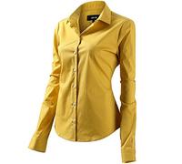Womens Basic Long Sleeve Slim Fit Casual Button up Poplin Shirt OL Work Shirt Blouse Stretch Formal Shirts , Yellow, 10