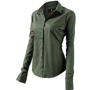 Womens Basic Long Sleeve Slim Fit Casual Button up Poplin Shirt OL Work Shirt Blouse Stretch Formal Shirts , Army Green, 10