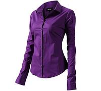 Womens Basic Long Sleeve Slim Fit Casual Button up Poplin Shirt OL Work Shirt Blouse Stretch Formal Shirts, Purple, 18