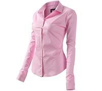 Womens Basic Long Sleeve Slim Fit Casual Button up Poplin Shirt OL Work Shirt Blouse Stretch Formal Shirts, Pink, 22