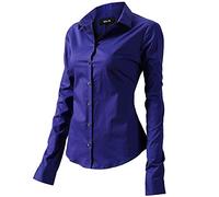 Womens Basic Long Sleeve Slim Fit Casual Button up Poplin Shirt OL Work Shirt Blouse Stretch Formal Shirts, Blue, 12
