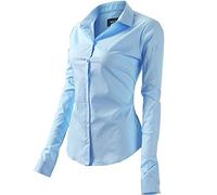 Womens Basic Long Sleeve Slim Fit Casual Button up Poplin Shirt OL Work Shirt Blouse Stretch Formal Shirts, Light Blue, 22