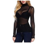 Women's Basic Long Sleeves Mesh Sheer Tops See Through Tee Shirts Mesh Crop Top, Black-high Neck, L