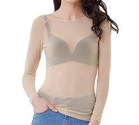 Women's Basic Long Sleeves Mesh Sheer Tops See Through Tee Shirts Mesh Shrug Crop Top, Beige, Medium