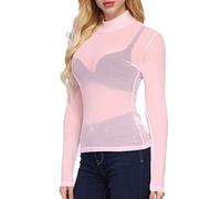 Women's Basic Long Sleeves Mesh Sheer Tops See Through Tee Shirts Mesh Top, Pink-high Neck, S