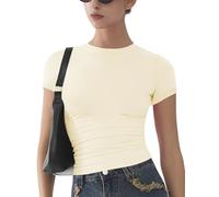 Womens Basic Short Sleeve Slim Fit T Shirts Soft Crewneck Crop Y2k Tees Summer Stretchy Cute Tops Cream Yellow S
