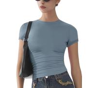 Womens Basic Short Sleeve Slim Fit T Shirts Soft Crewneck Crop Y2k Tees Summer Stretchy Cute Tops Dusty Blue XS