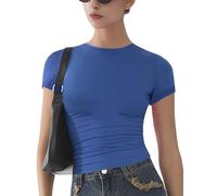 Womens Basic Short Sleeve Slim Fit T Shirts Soft Crewneck Crop Y2k Tees Summer Stretchy Cute Tops Forever Blue M