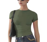 Womens Basic Short Sleeve Slim Fit T Shirts Soft Crewneck Crop Y2k Tees Summer Stretchy Cute Tops Forest Green XS