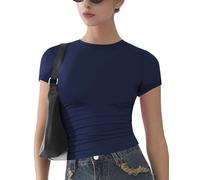 Womens Basic Short Sleeve Slim Fit T Shirts Soft Crewneck Crop Y2k Tees Summer Stretchy Cute Tops Navy Blue S