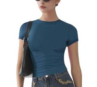 Womens Basic Short Sleeve Slim Fit T Shirts Soft Crewneck Crop Y2k Tees Summer Stretchy Cute Tops Peacock Blue S