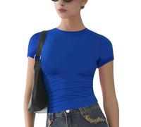 Womens Basic Short Sleeve Slim Fit T Shirts Soft Crewneck Crop Y2k Tees Summer Stretchy Cute Tops Royal Blue S