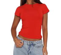 Women's Basic Slim Fit T-Shirt Top Short Sleeve Y2K Tops TikTok Influence Crop Top Club Party Streetwear(Red-2, XL)