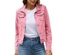 Women's Basic Solid Colour Button-Down Denim Cotton Jacket with Pockets Denim Jacket Coat Denim Jackets, pink, M