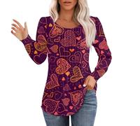 Womens Basic T Shirt Thermal Tops Valentines Love Heart Print Shirt Spring Long Sleeve Round Neck Pleated Tops Blouses Cute Outfits Base Layer Tee for Workout Daily Life Xmas Gifts (Wine, M)