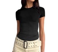 Women's Basic T-Shirts Stretch Tight Short Sleeve Crop Tops Basic Dupe Crop Top Short Sleeve Y2K Solid Slim Fit T-Shirt Cute Summer Tops Slim Fit Tees Tops Y2k Clothing, O Black, M