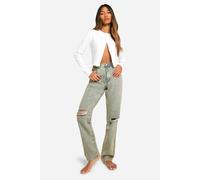Womens Basics 30 Inch Leg Vintage Wash High Waisted Straight Leg Ripped Knee Jeans - Beige - 10, Beige