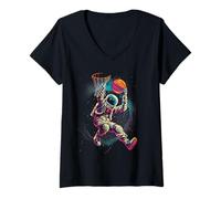 Womens Basketball Artwork Colourful Astronaut Basketball Player V-Neck T-Shirt