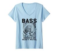 Womens Bass Player Bassist Funny Fish Hooked On Heavy Metal Music V-Neck T-Shirt
