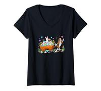 Women's Basset Hound Carrying Bunnies Easter Colorful Eggs Colorful V-Neck T-Shirt