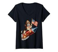 Women's Basset Hound Fourth of July 4th American Flag Fireworks Cute V-Neck T-Shirt