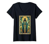 Womens Bastet Egyptian Goddess Stained Glass Egypt Mythology V-Neck T-Shirt