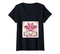 Womens Bat Bat Kawaii Pastel Goth Creepy Cute Skeleton V-Neck T-Shirt