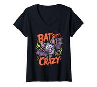 Womens Bat Sh T Crazy Cartoon Bat Halloween Humor V-Neck T-Shirt