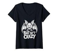 Womens Bat Sh t Crazy Funny Bat Halloween Humor V-Neck T-Shirt