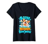 Women's Bath Brush Bow Wow Corgi Dog Groomer Pet Salon V-Neck T-Shirt