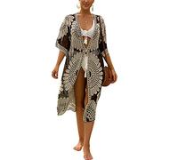 Womens Bathing Suit Cover Up 3/4 Sleeve Mesh Swimsuit Coverup Long Floral Beach Lace Kimono Summer Cardigan (Black Beige, One Size)