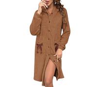 Womens Bathrobe Ladies Fleece Plush Warm Long Robes Button Down Fleece Hooded Robe Nightgown Sleepwear With Bow Pockets (Brown, XL)