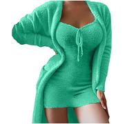 Womens Bathrobe Short Fluffy - Two Piece Fluffy Sets for Women Pyjamas - Personalised Dressing Gowns Bathrobe Toweling Robe Plushed Loungewear Nightgowns Lightweight Robe Green