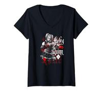 Women's Batman: Arkham Knight Harley Quinn Dice V-Neck T-Shirt, Black, Small