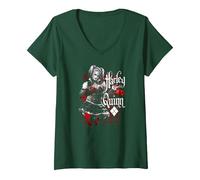 Women's Batman: Arkham Knight Harley Quinn Dice V-Neck T-Shirt, Dark Green, Small
