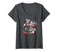 Women's Batman: Arkham Knight Harley Quinn Dice V-Neck T-Shirt, Dark Heather Grey, X-Large